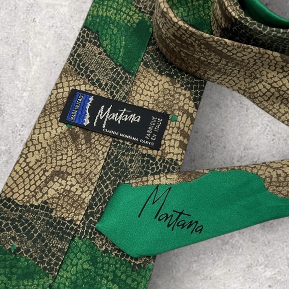 CLAUDE MONTANA Green/Beige/Brown Art Silk LUXURY Tie ITALY - Picture 4 of 5